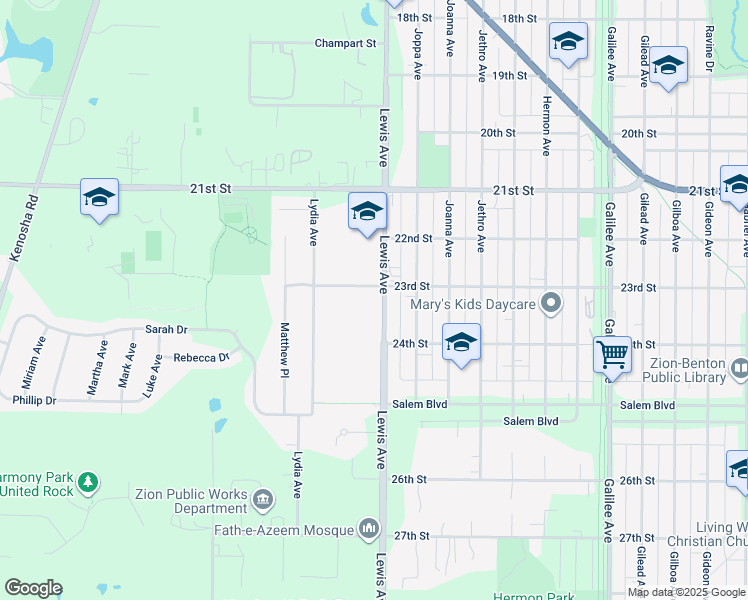 map of restaurants, bars, coffee shops, grocery stores, and more near 2340 Lewis Avenue in Zion