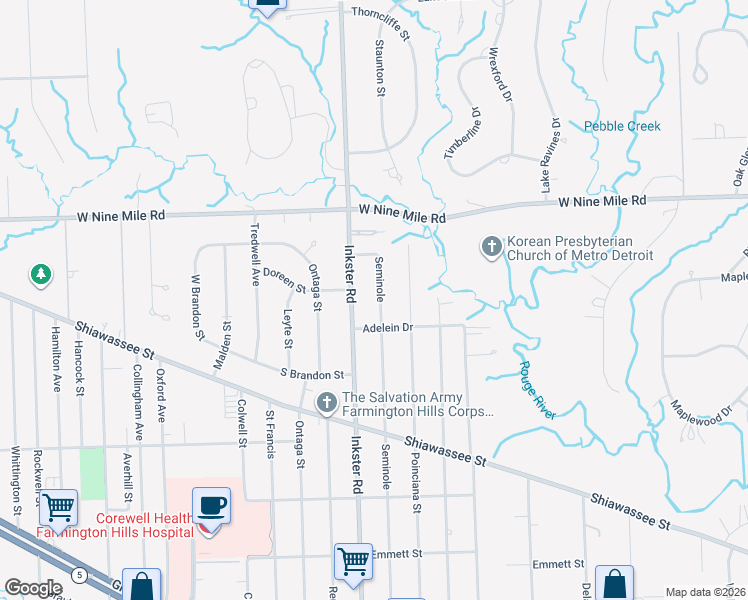 map of restaurants, bars, coffee shops, grocery stores, and more near 22057 Seminole Street in Southfield