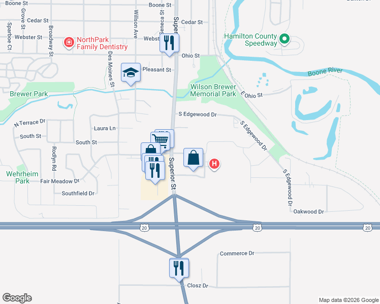 map of restaurants, bars, coffee shops, grocery stores, and more near 2300 Superior Street in Webster City