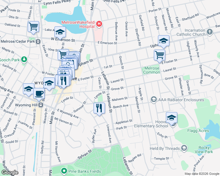 map of restaurants, bars, coffee shops, grocery stores, and more near 413 Lebanon Street in Melrose