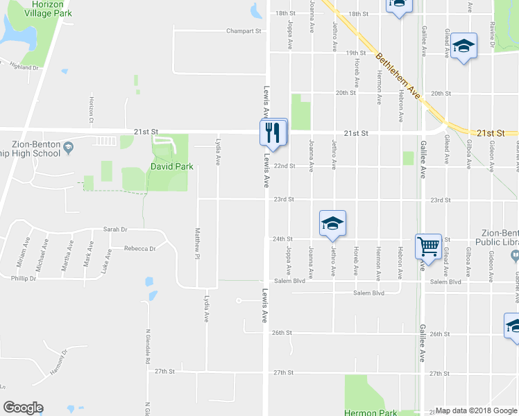 map of restaurants, bars, coffee shops, grocery stores, and more near 2300 Lewis Avenue in Zion