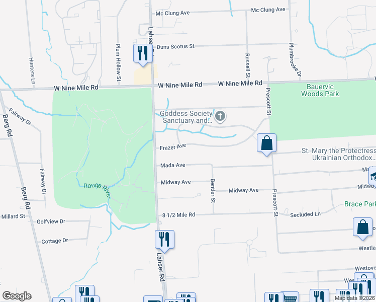 map of restaurants, bars, coffee shops, grocery stores, and more near 21740 Mada Avenue in Southfield