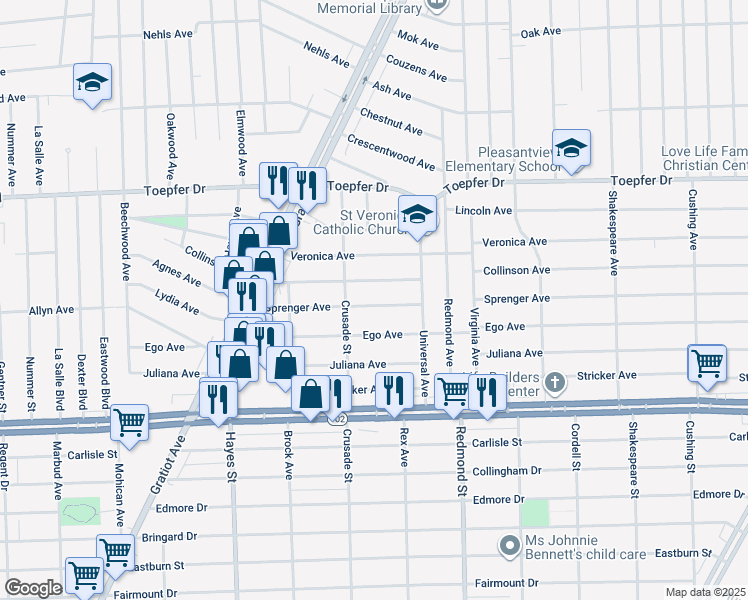 map of restaurants, bars, coffee shops, grocery stores, and more near 15561 Sprenger Avenue in Eastpointe