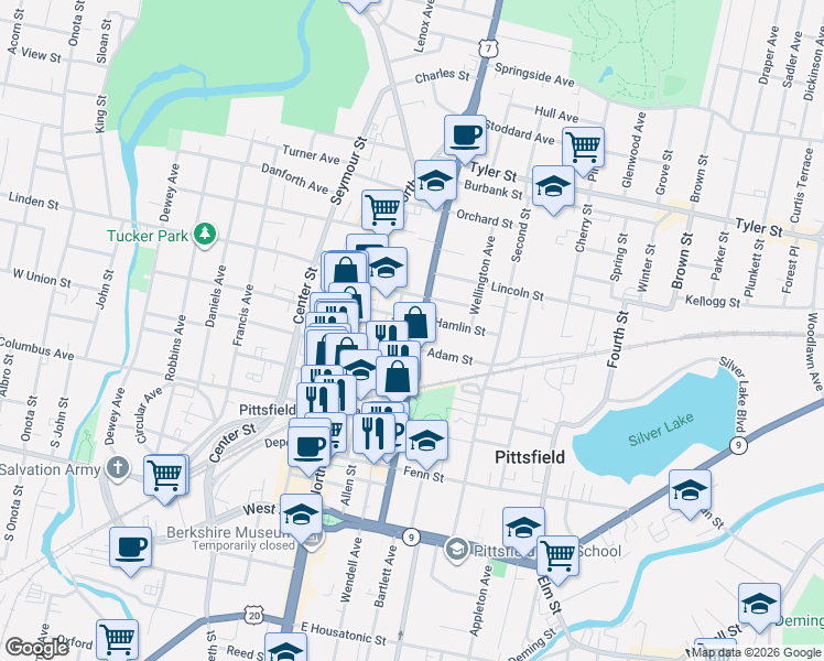 map of restaurants, bars, coffee shops, grocery stores, and more near 12 Adam Street in Pittsfield