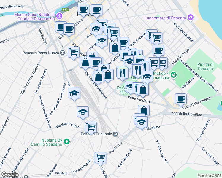 map of restaurants, bars, coffee shops, grocery stores, and more near Via Gioacchino da Fiore in Pescara