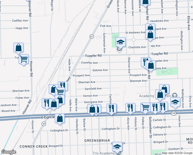 map of restaurants, bars, coffee shops, grocery stores, and more near 12740 Sidonie Avenue in Warren
