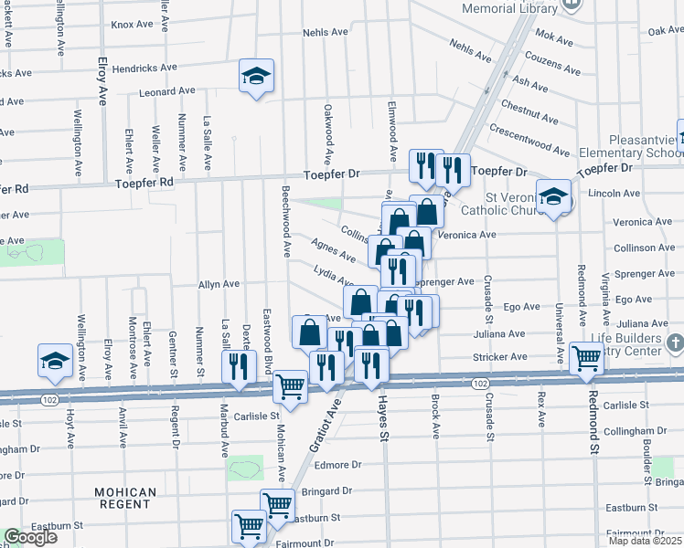 map of restaurants, bars, coffee shops, grocery stores, and more near 14741 Lydia Avenue in Eastpointe