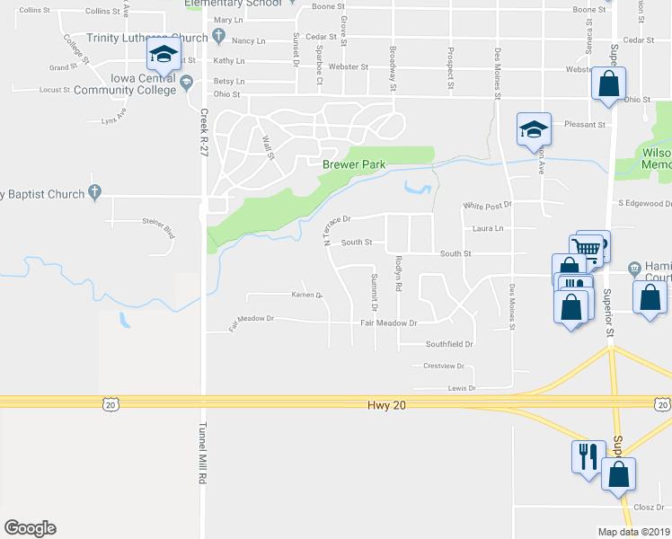 map of restaurants, bars, coffee shops, grocery stores, and more near 2200 North Terrace Drive in Webster City