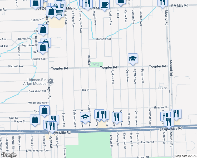 map of restaurants, bars, coffee shops, grocery stores, and more near 21614 Masch Avenue in Warren