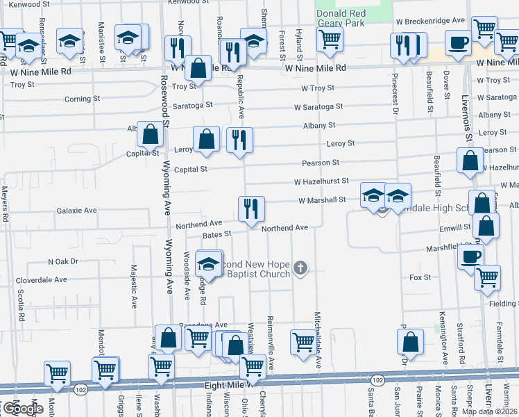 map of restaurants, bars, coffee shops, grocery stores, and more near 1566 West Marshall Street in Ferndale
