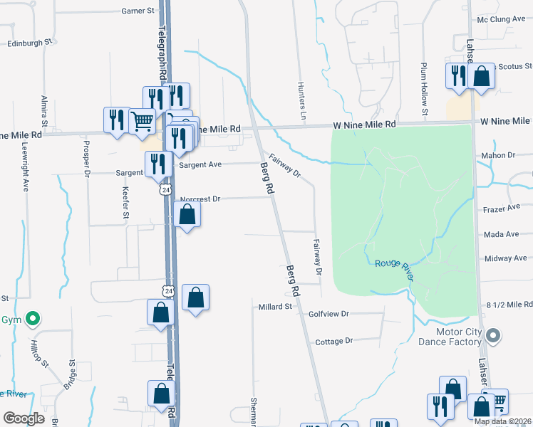 map of restaurants, bars, coffee shops, grocery stores, and more near 23586 Norcrest Drive in Southfield