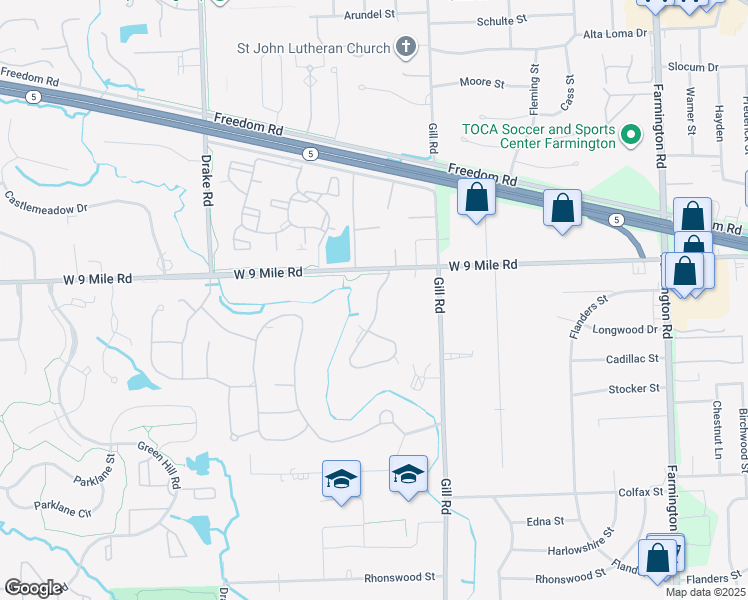 map of restaurants, bars, coffee shops, grocery stores, and more near 22180 Indian Creek Drive in Farmington Hills