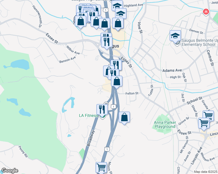 map of restaurants, bars, coffee shops, grocery stores, and more near 1280 Broadway in Saugus