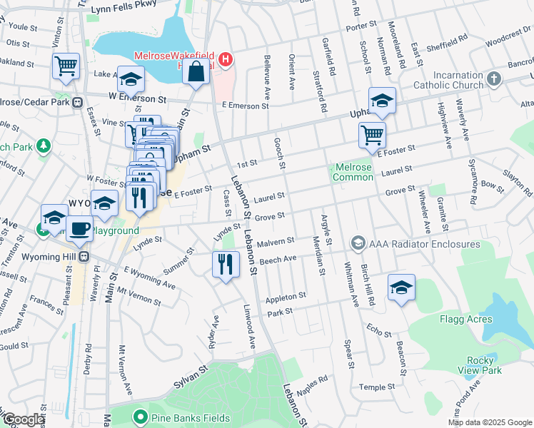 map of restaurants, bars, coffee shops, grocery stores, and more near 29 Laurel Street in Melrose