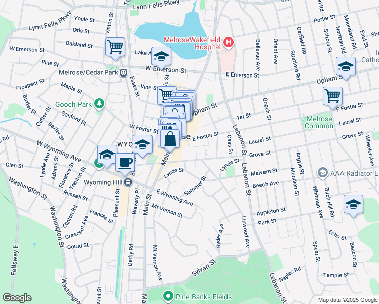map of restaurants, bars, coffee shops, grocery stores, and more near 37 East Foster Street in Melrose