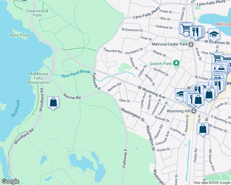 map of restaurants, bars, coffee shops, grocery stores, and more near 32 Ravine Road in Stoneham