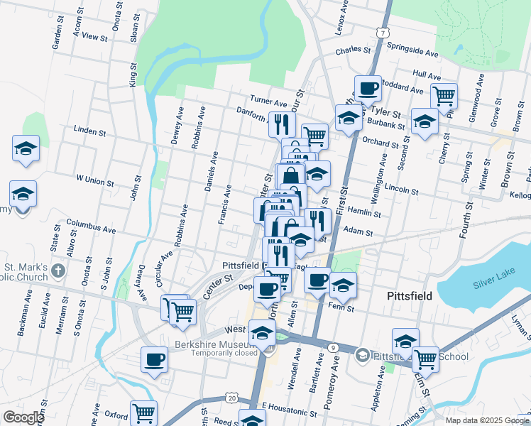 map of restaurants, bars, coffee shops, grocery stores, and more near 80 Bradford Street in Pittsfield