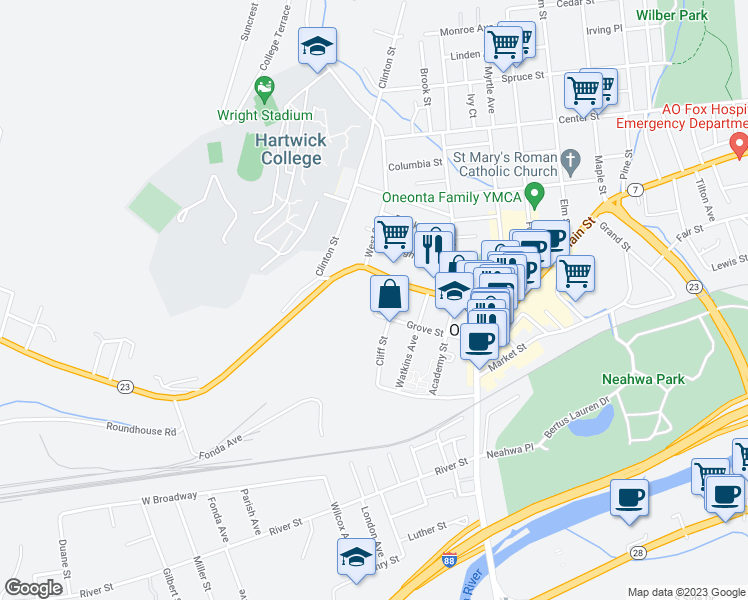 map of restaurants, bars, coffee shops, grocery stores, and more near 111 Chestnut Street in Oneonta