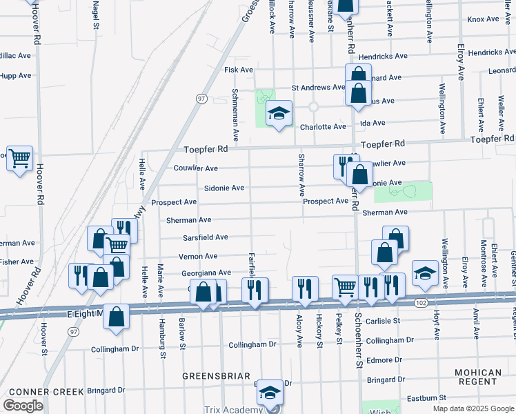 map of restaurants, bars, coffee shops, grocery stores, and more near 13012 Sidonie Avenue in Warren