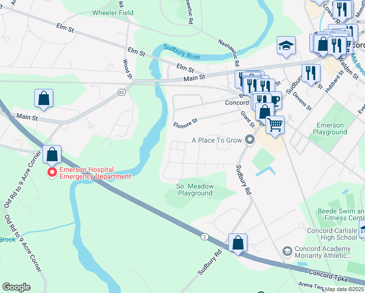 map of restaurants, bars, coffee shops, grocery stores, and more near 172 Southfield Road in Concord
