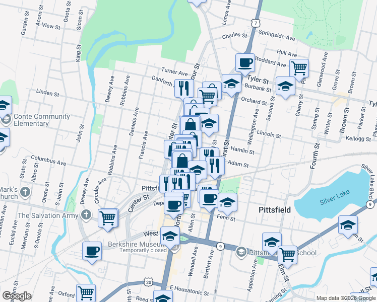 map of restaurants, bars, coffee shops, grocery stores, and more near 333 North Street in Pittsfield