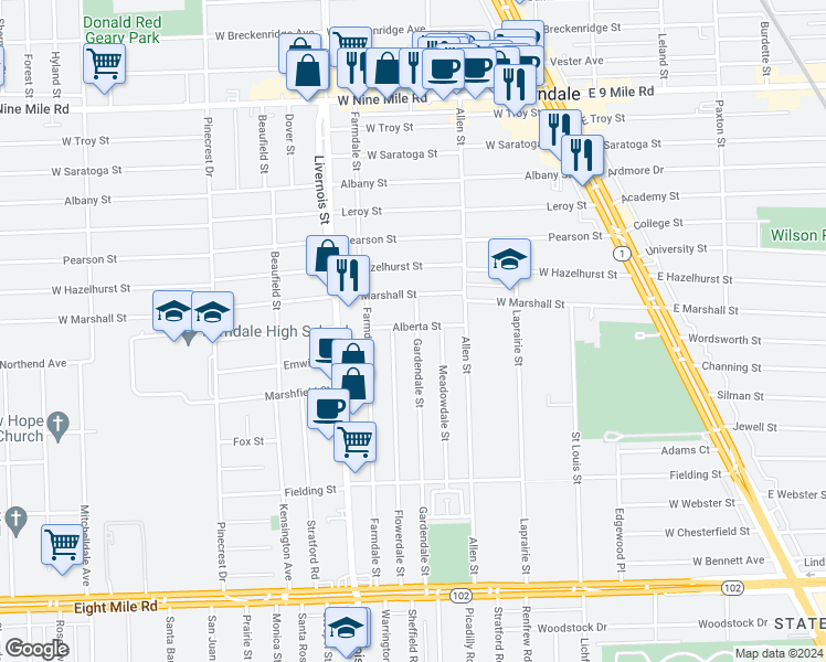 map of restaurants, bars, coffee shops, grocery stores, and more near 853 Gardendale Street in Ferndale