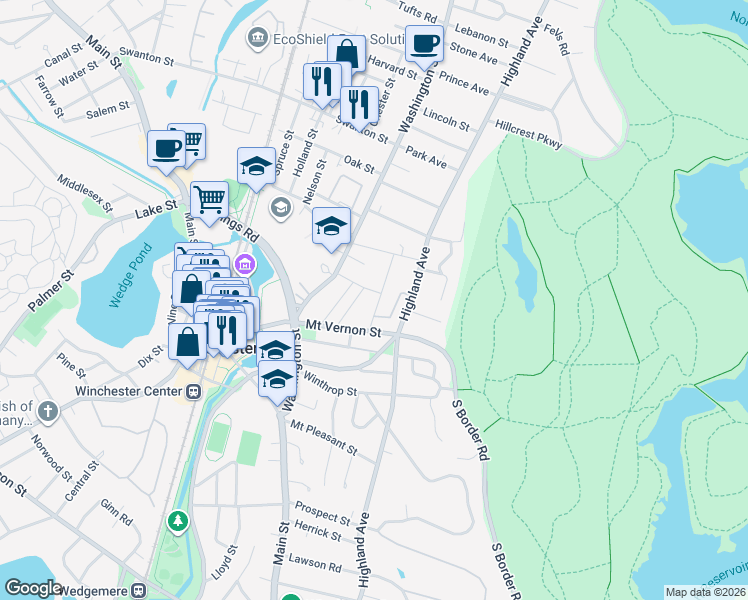 map of restaurants, bars, coffee shops, grocery stores, and more near 14 Stevens Street in Winchester