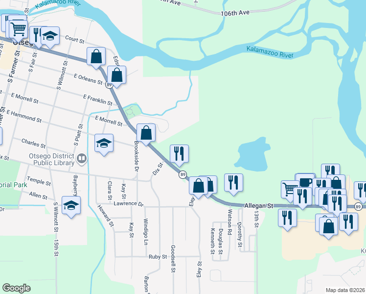 map of restaurants, bars, coffee shops, grocery stores, and more near 1437 Michigan 89 in Otsego