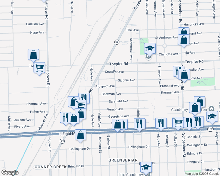 map of restaurants, bars, coffee shops, grocery stores, and more near 12498 Prospect Avenue in Warren