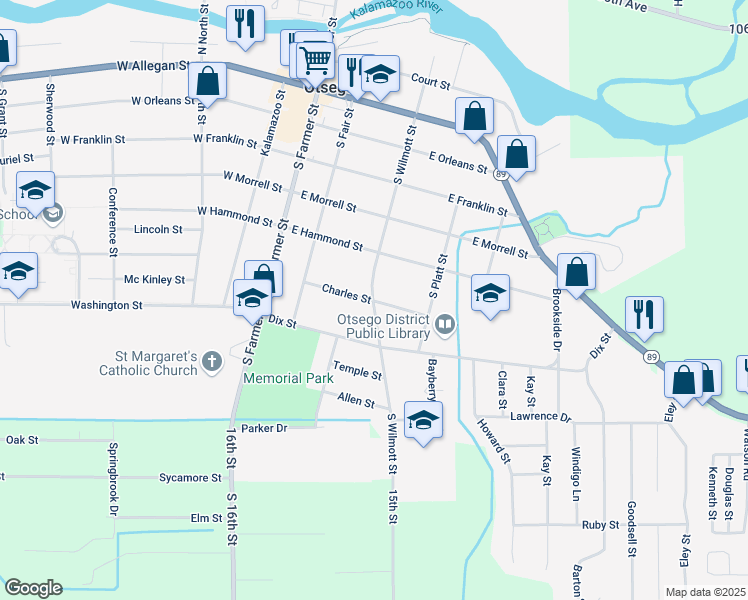 map of restaurants, bars, coffee shops, grocery stores, and more near 301 Charles Street in Otsego