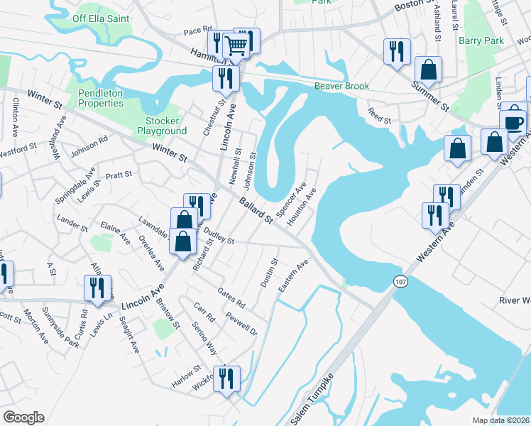 map of restaurants, bars, coffee shops, grocery stores, and more near 10 Yale Street in Saugus