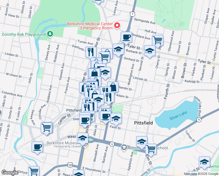 map of restaurants, bars, coffee shops, grocery stores, and more near 22 Maplewood Avenue in Pittsfield