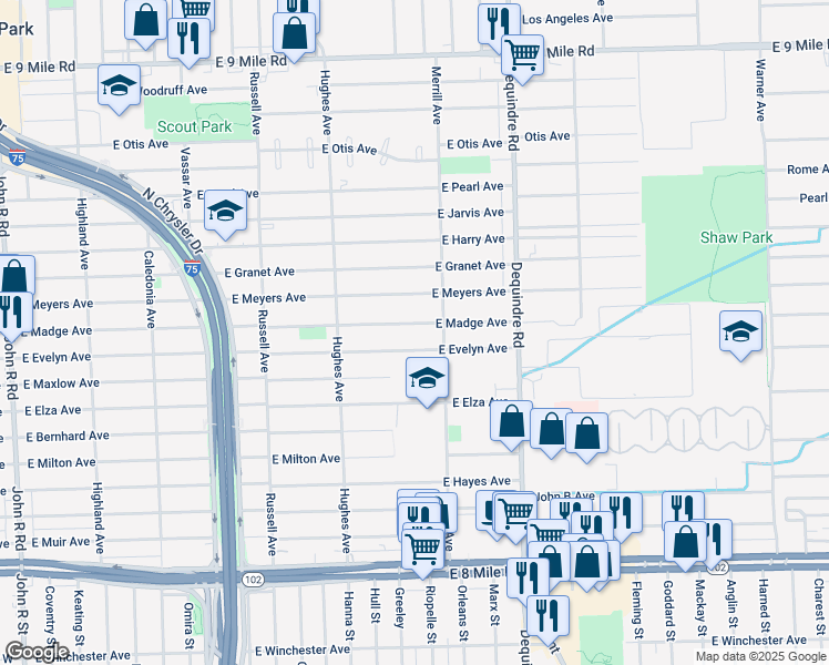 map of restaurants, bars, coffee shops, grocery stores, and more near 1564 East Madge Avenue in Hazel Park