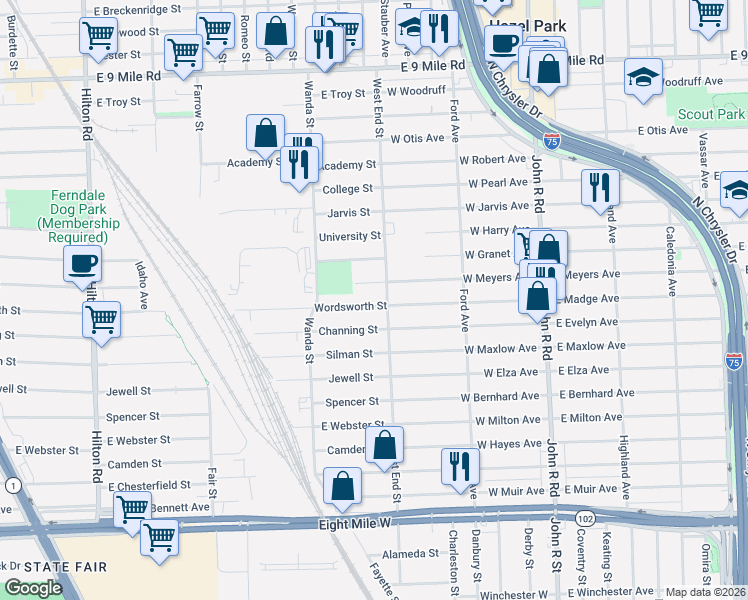 map of restaurants, bars, coffee shops, grocery stores, and more near 1797 East Marshall Street in Ferndale