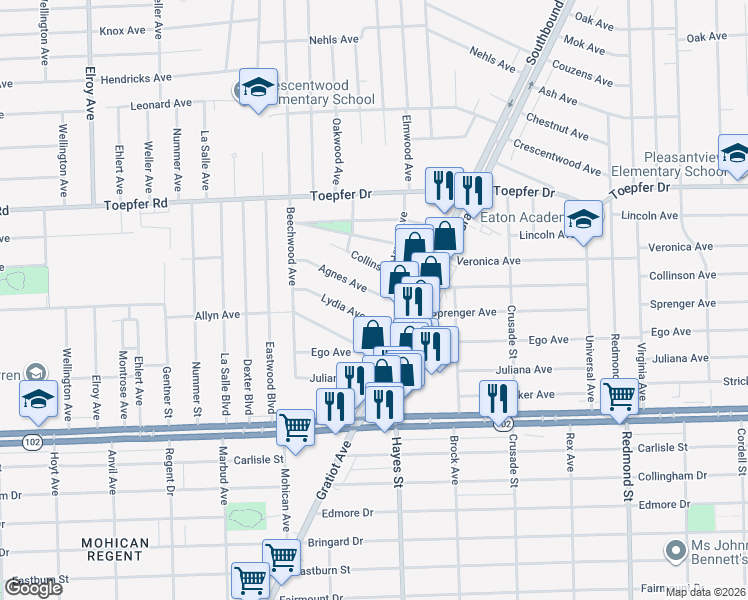 map of restaurants, bars, coffee shops, grocery stores, and more near 14872 Collinson Avenue in Eastpointe