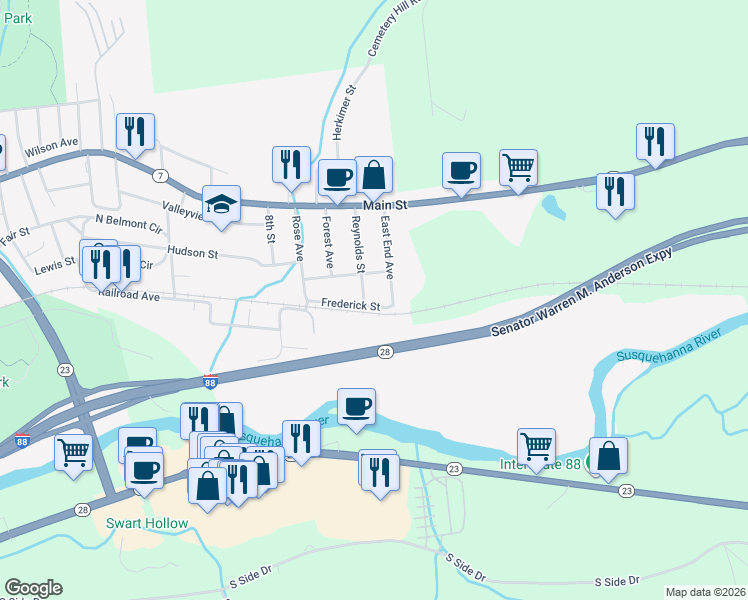 map of restaurants, bars, coffee shops, grocery stores, and more near 28-30 Chester Street in Oneonta