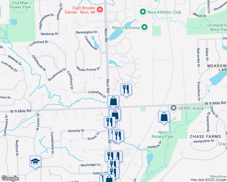 map of restaurants, bars, coffee shops, grocery stores, and more near Osprey Drive in Novi