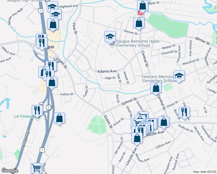 map of restaurants, bars, coffee shops, grocery stores, and more near 16 High Street in Saugus