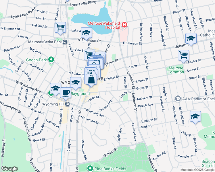 map of restaurants, bars, coffee shops, grocery stores, and more near 37 East Foster Street in Melrose