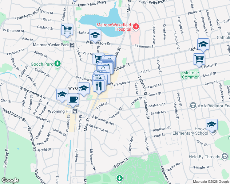 map of restaurants, bars, coffee shops, grocery stores, and more near 37 East Foster Street in Melrose