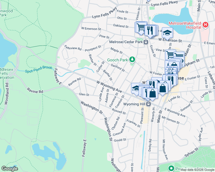 map of restaurants, bars, coffee shops, grocery stores, and more near 189 West Wyoming Avenue in Melrose