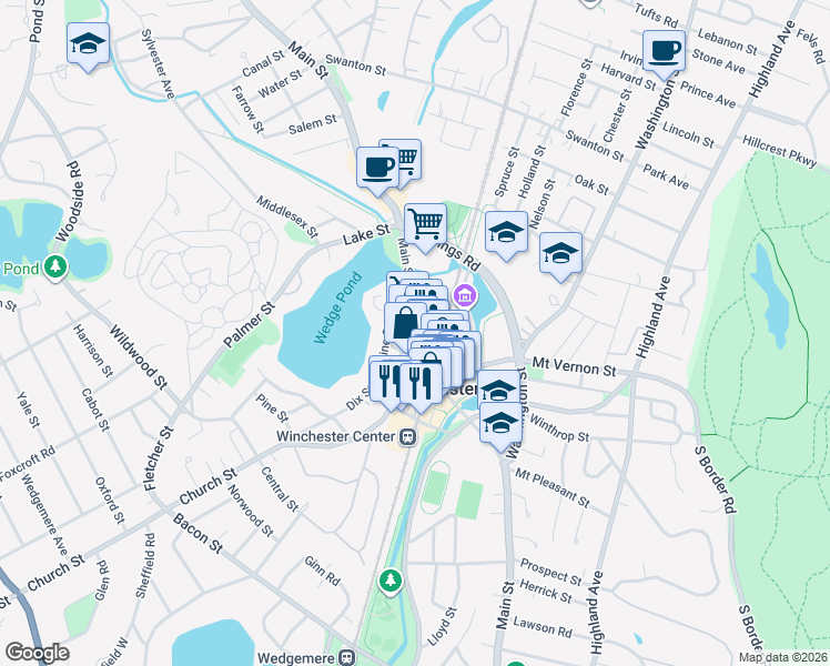 map of restaurants, bars, coffee shops, grocery stores, and more near 643 Main Street in Winchester
