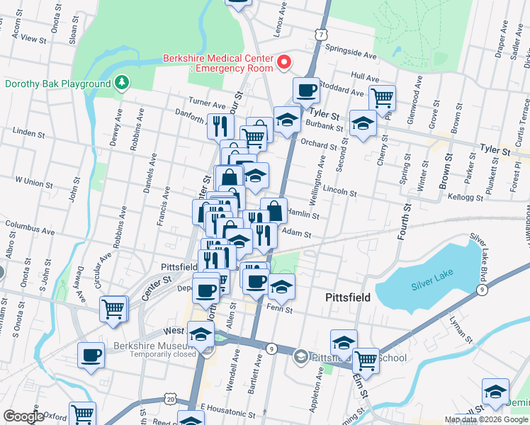 map of restaurants, bars, coffee shops, grocery stores, and more near 22 Maplewood Avenue in Pittsfield
