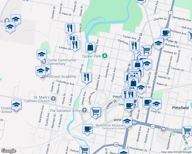 map of restaurants, bars, coffee shops, grocery stores, and more near 154 Dewey Avenue in Pittsfield
