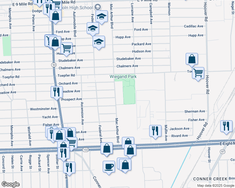 map of restaurants, bars, coffee shops, grocery stores, and more near 21490 Mac Arthur Boulevard in Warren