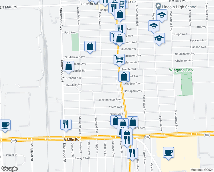 map of restaurants, bars, coffee shops, grocery stores, and more near 7541 Meadow Avenue in Warren