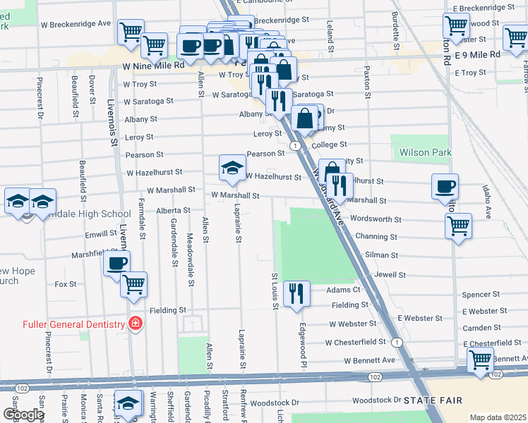 map of restaurants, bars, coffee shops, grocery stores, and more near 333 West Marshall Street in Ferndale