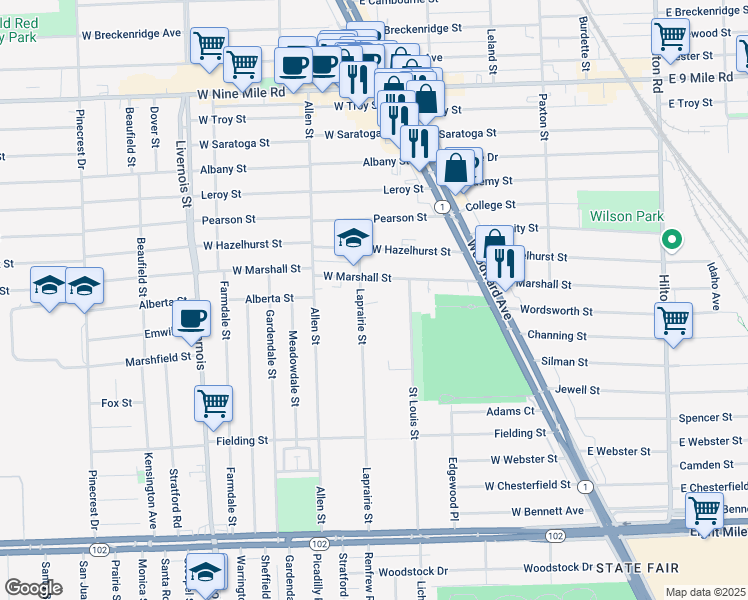 map of restaurants, bars, coffee shops, grocery stores, and more near 333 West Marshall Street in Ferndale