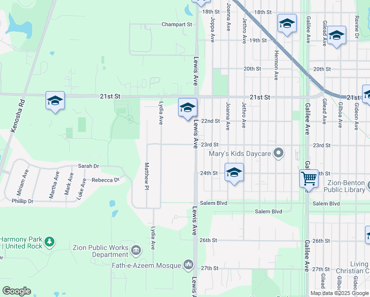 map of restaurants, bars, coffee shops, grocery stores, and more near 3100 23rd Street in Zion