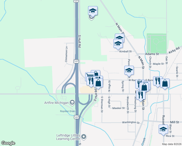 map of restaurants, bars, coffee shops, grocery stores, and more near 4425 Hull Road in Leslie